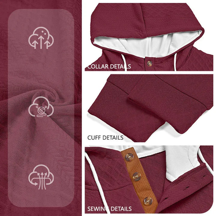 Collage of burgundy hoodie fabric texture, collar, cuff and button placket sewing details with small feature icons 3