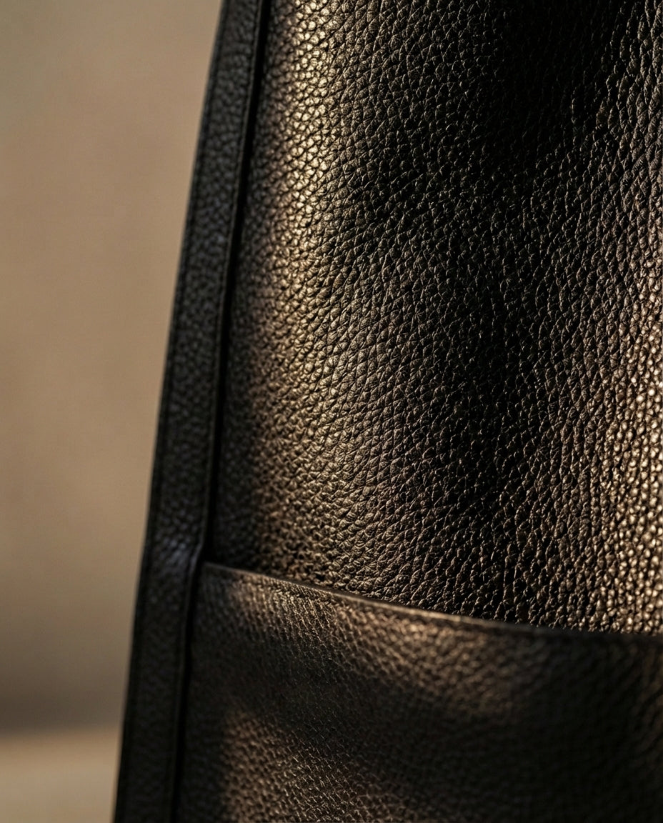 Close-up of brown pebbled leather grain, the stitched edge and the top of the front pocket.
