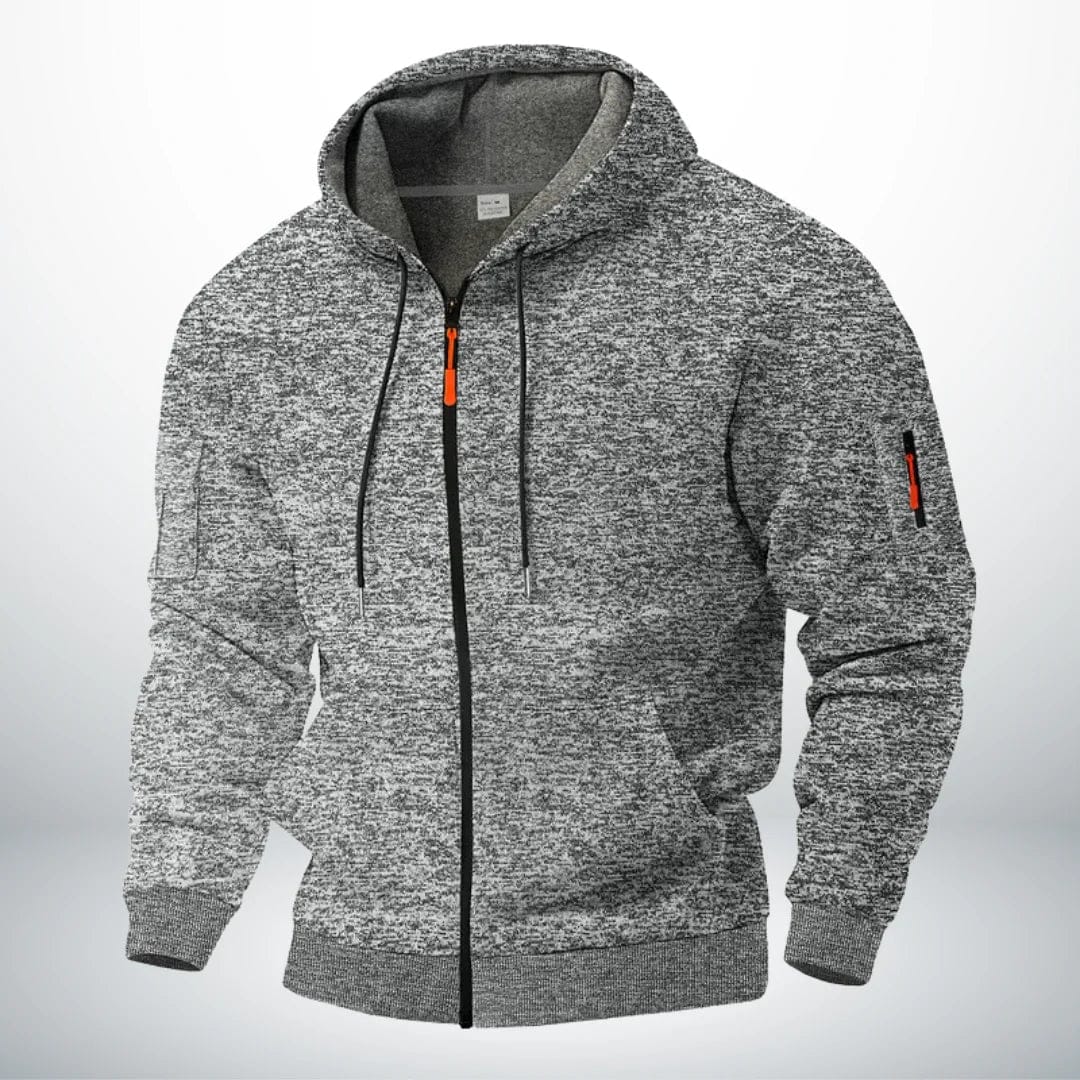 Front view of the hoodie in heathered light gray, with black zipper and orange pull tabs 3