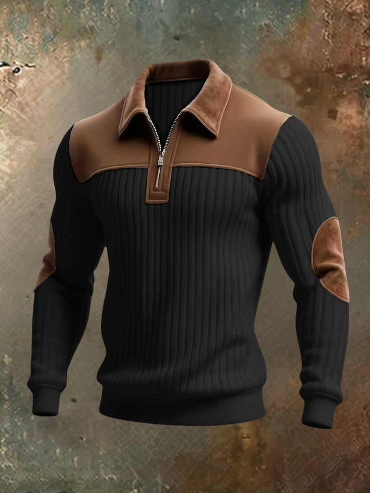 Men's ribbed quarter-zip sweater with brown suede-look collar, shoulder yoke and elbow patches, front view.