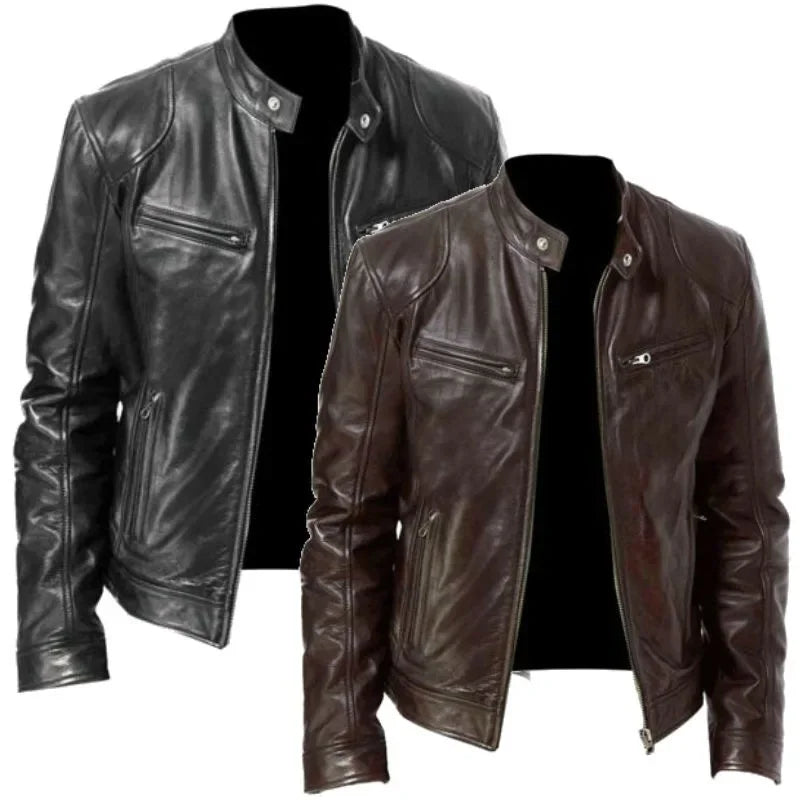 Two leather jackets side by side, one black and one dark brown, both unzipped 3