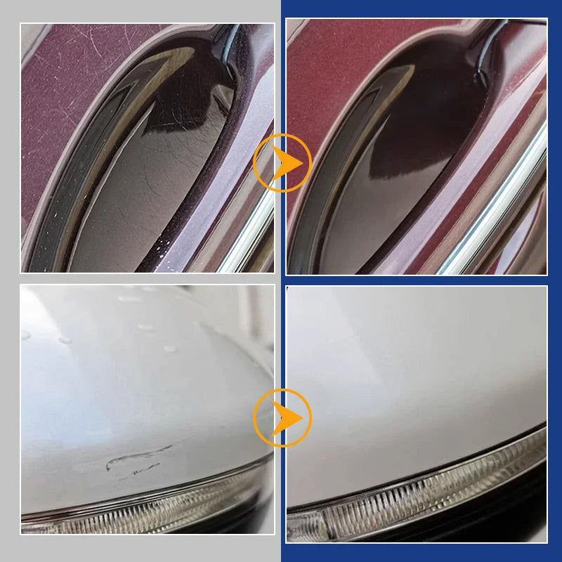 Two before-and-after comparisons, a dark red car door handle area and a white mirror housing, with fine scratches gone after treatment. 3
