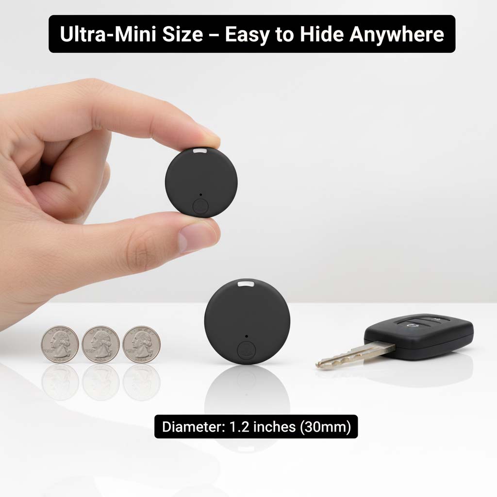 Hand pinching the small black round tracker beside three quarters and a car key fob.
