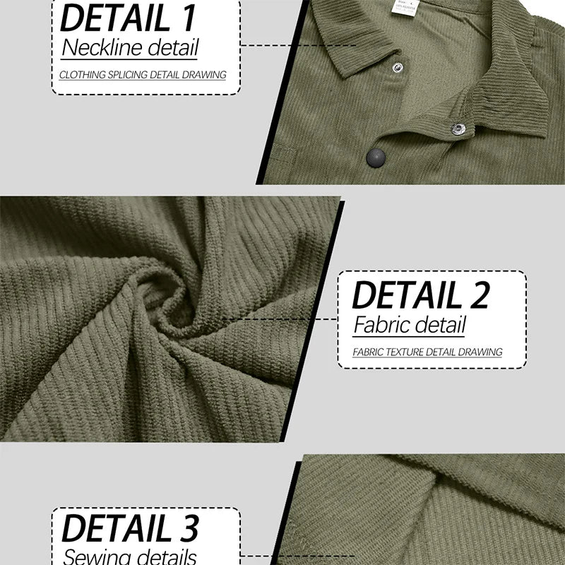 Collage of three close-ups of an olive green shirt: neckline, ribbed fabric texture and stitching 3