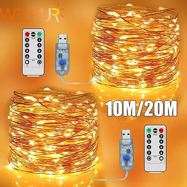 Two coils of warm white lights, each with a USB plug and remote, in two lengths 3