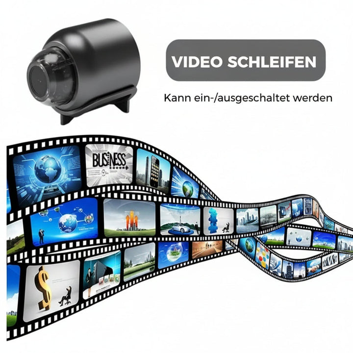 Mini WiFi Security Camera 1080p black camera on its stand with a loop recording graphic