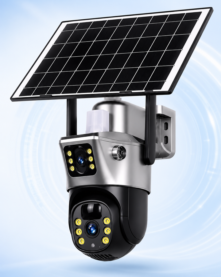 Silver and black dual-lens solar security camera with two lenses ringed by yellow lights, shown against a light blue background.
