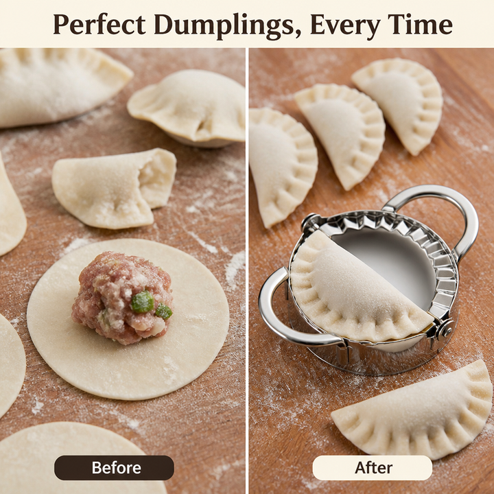 Before-and-after view: uneven hand-folded dumplings on the left, evenly pleated dumplings made with the steel mold on the 4
