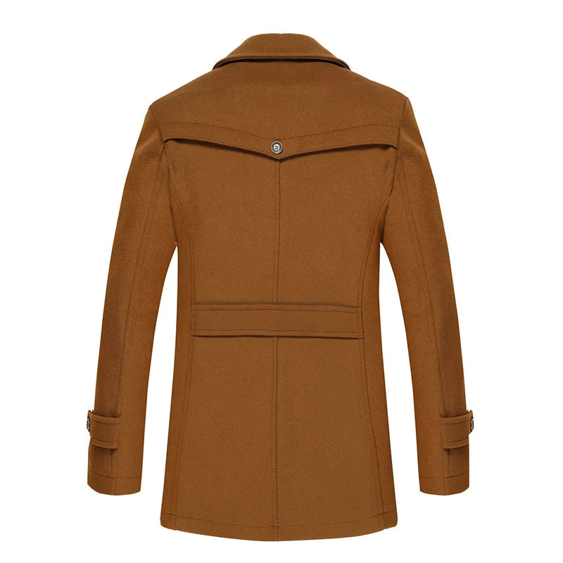 Back view of the camel brown coat showing the yoke flap, button and waist strap 3