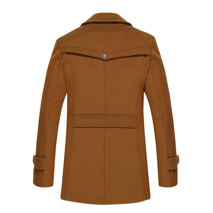 Back view of the camel brown coat showing the yoke flap, button and waist strap 3