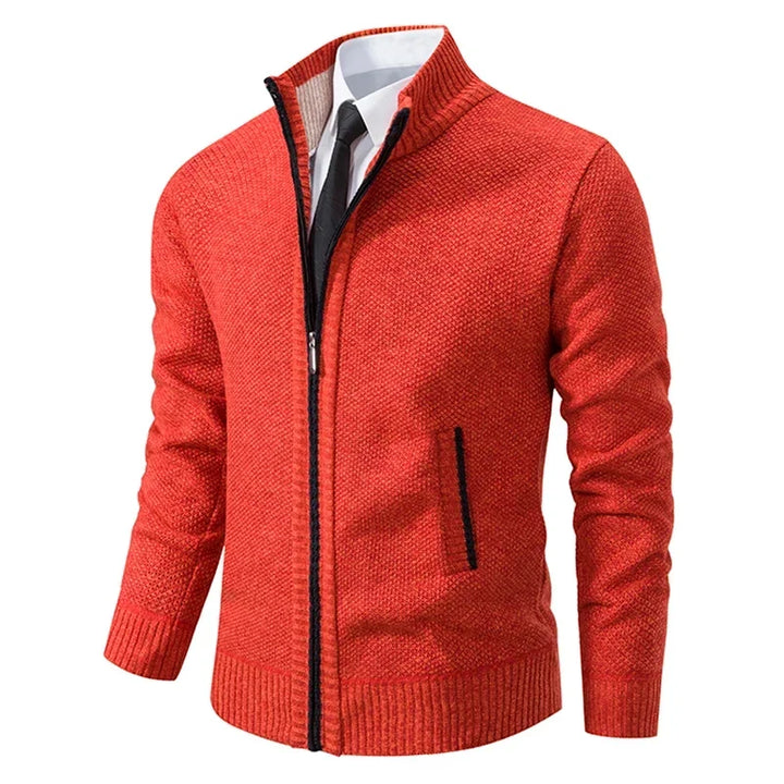 Orange-red knit zip cardigan at an angle, worn over a white shirt and black tie 3