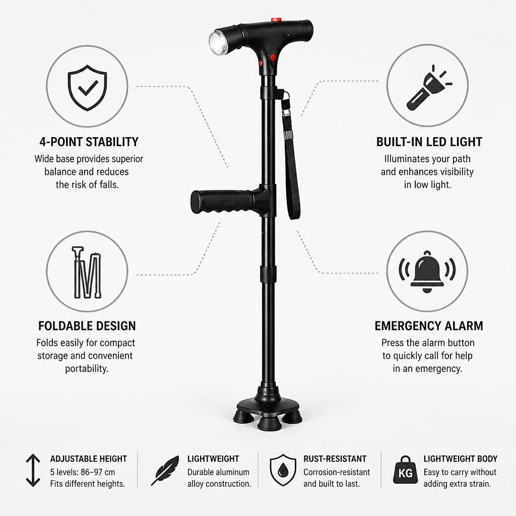Black folding cane detail with icons for stability, light, folding, alarm, adjustable height and lightweight build.