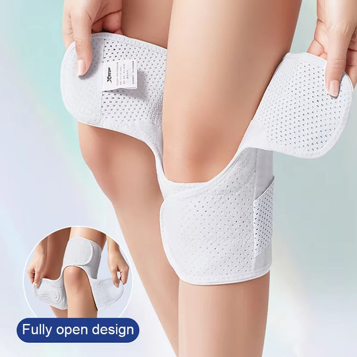 White mesh knee wrap opened flat and being wrapped around the leg, with a small inset showing the same fully open design. 6