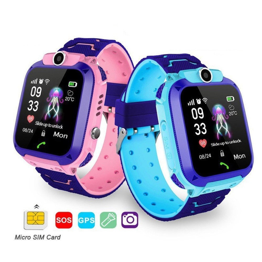 Pink and light blue kids smartwatches angled together, with small icons below for micro SIM card, SOS, GPS, flashlight and camera features. 2