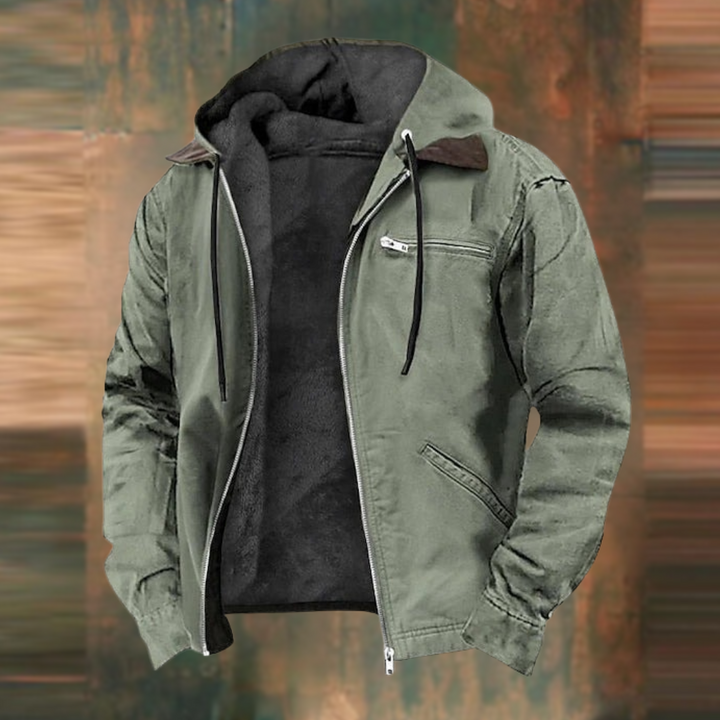 Same hooded jacket in olive green, open at the front to show the dark fleece lining and zip chest pocket. 2