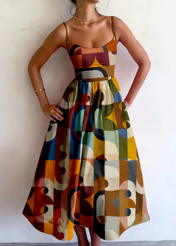 Multicolor geometric print midi dress with shoulder straps, front view.