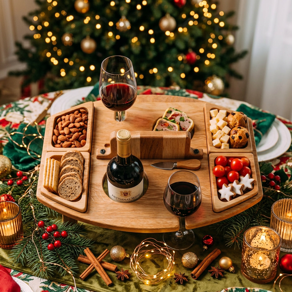 Top view of the round wooden board holding wine, glasses, nuts, crackers, cheese and tomatoes on a festive holiday table 3