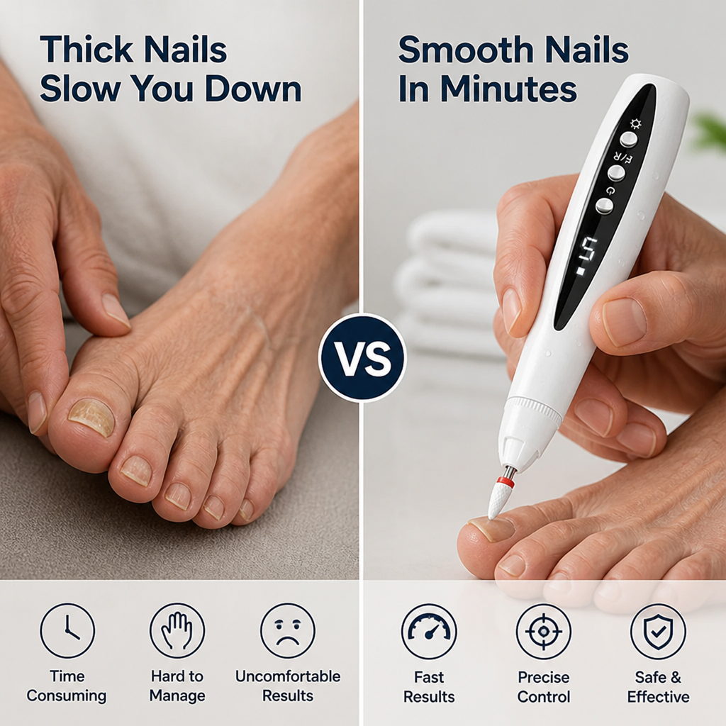 Split comparison: a thick, yellowed toenail on the left, and the white drill smoothing a toenail on the right. 3