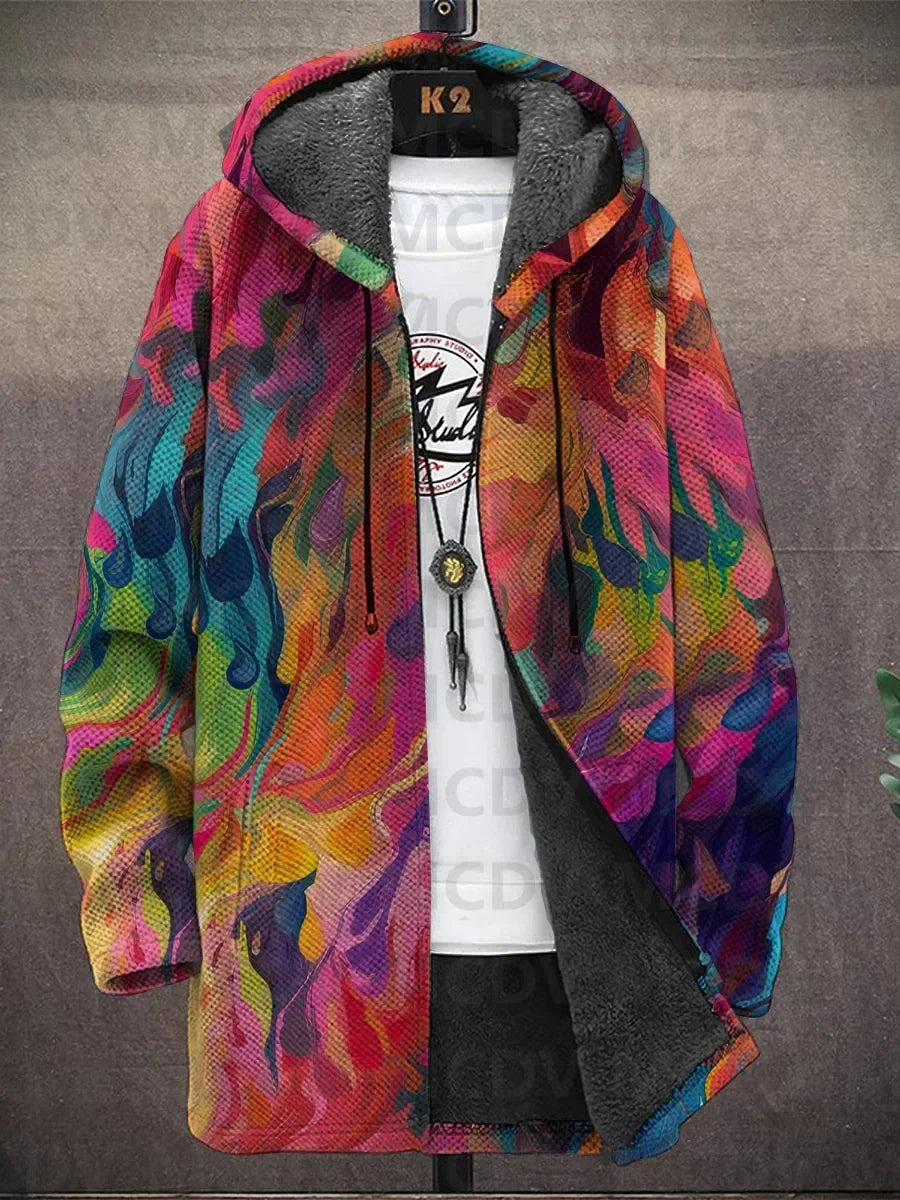 Hooded jacket on a hanger in a rainbow abstract melting pattern, open to show the plush gray lining 3