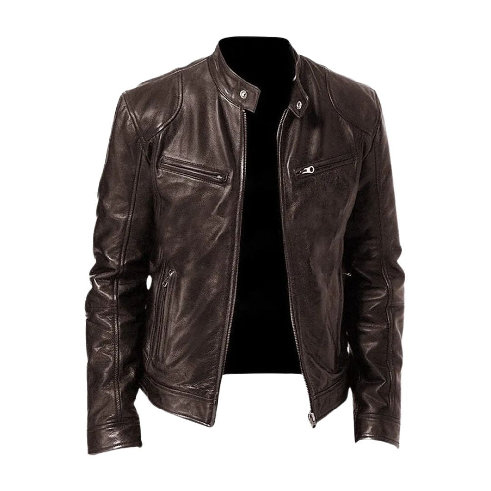 Dark brown version of the stand-collar leather jacket, front view, unzipped with chest zip pockets 2