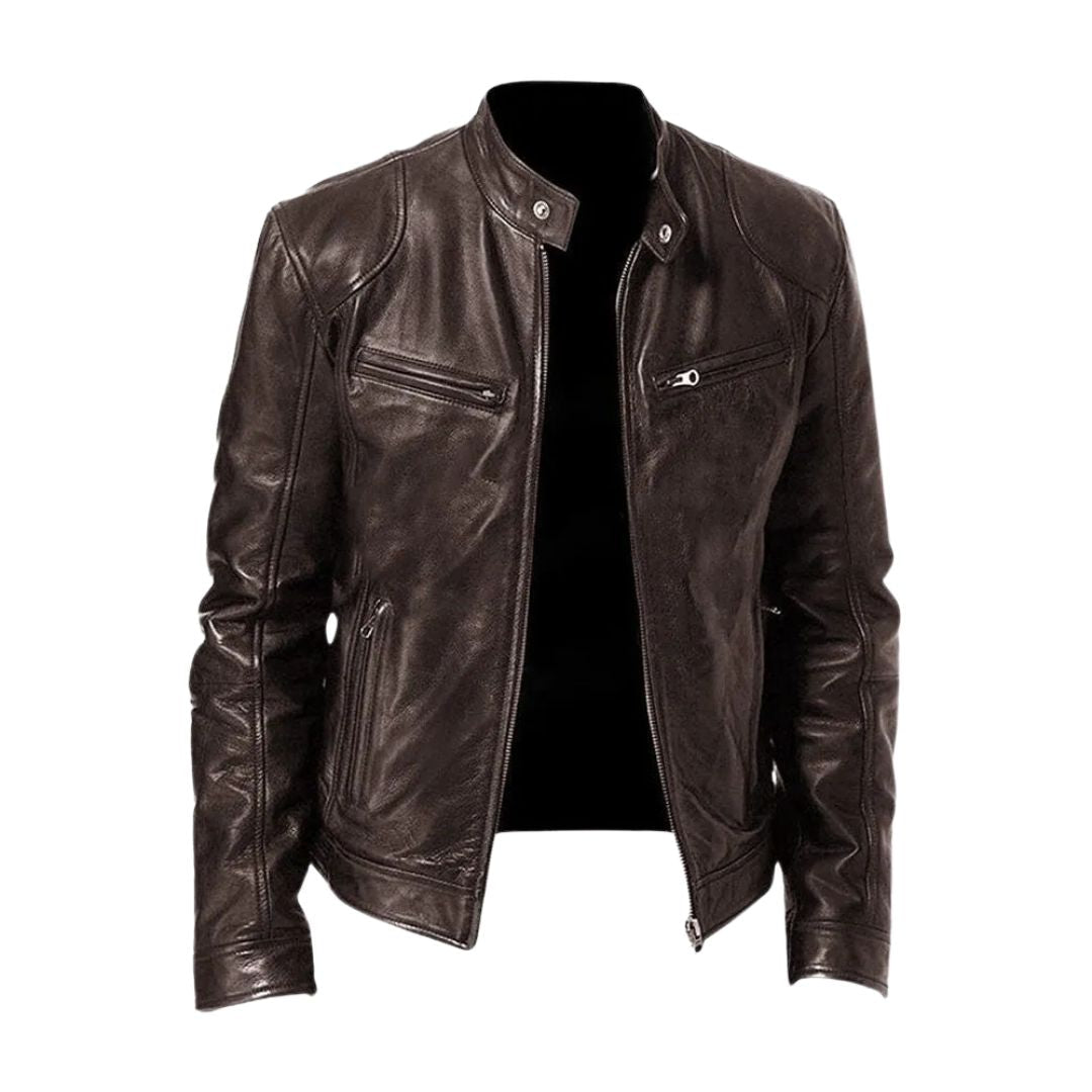 Dark brown version of the stand-collar leather jacket, front view, unzipped with chest zip pockets 2