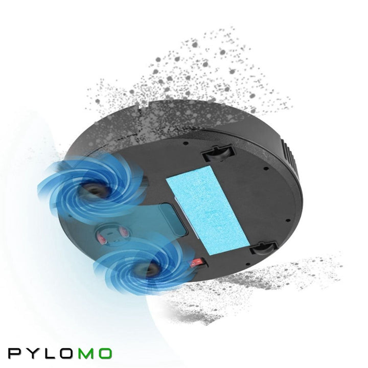 Underside of a black robot vacuum with a blue mopping pad, two spinning brushes and a power switch, with dust swirling around 7
