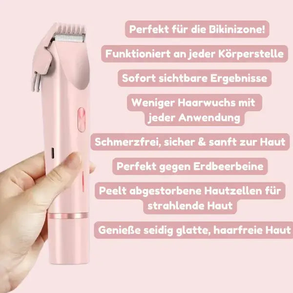Hand holding the pink trimmer with a comb guard attached, next to a list of its benefits for smooth skin.