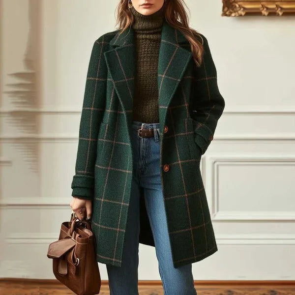 Woman wearing the dark green checked coat open over jeans, carrying a brown leather bag, in a paneled room 3