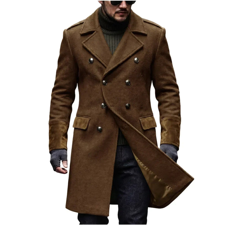 Brown double-breasted overcoat on a model wearing sunglasses, front view with the coat panel swung open to show the lining 3