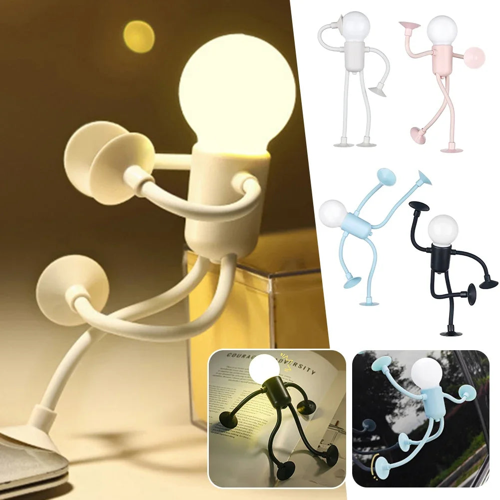 Collage with a close-up of a glowing cream figure light, four color options, and uses on a book page and car window 3