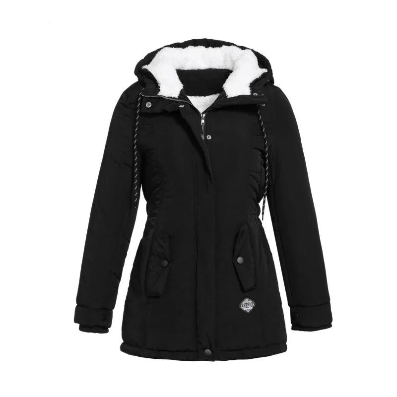 Black jacket laid flat from the front, showing the fleece-lined hood, drawcord and flap pockets 3