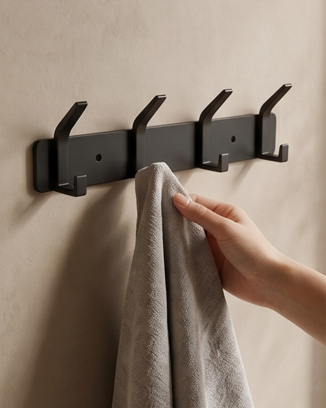 Black aluminum wall rack with four hooks and a gray towel on one hook against a beige wall.