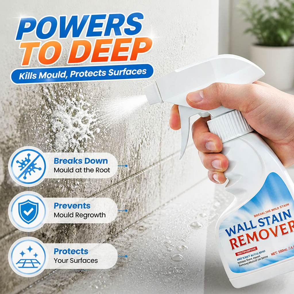Close-up of a hand spraying foamy cleaner onto a moldy wall, detail.