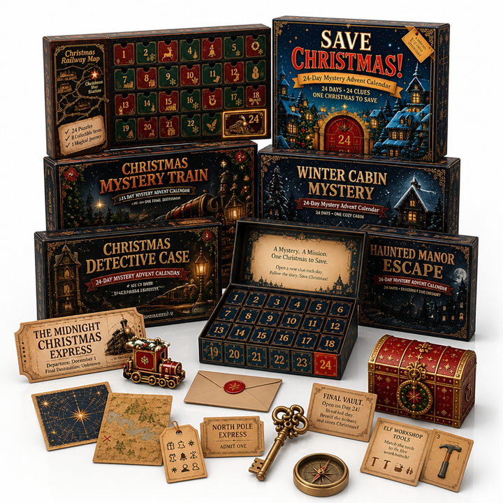 Another view of all six themed boxes grouped with an open calendar tray and props.