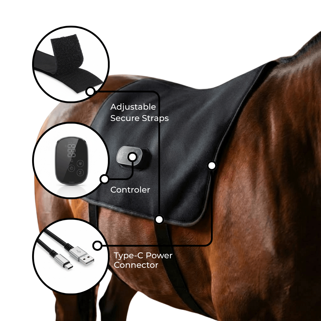 Another view of the wrap showing the hook-and-loop adjustable straps, touch controller, and USB-C power cable