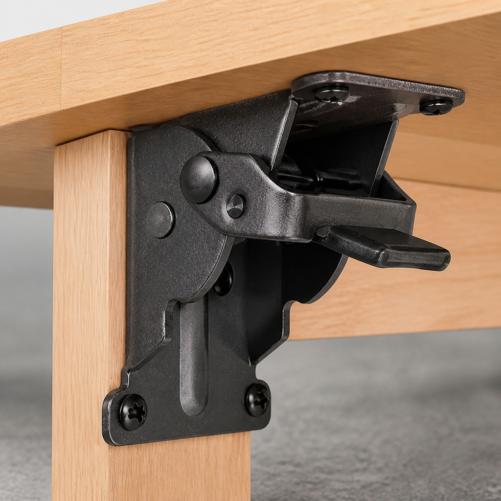 Black folding bracket attached to a light wood table leg and underside with the release lever extended.