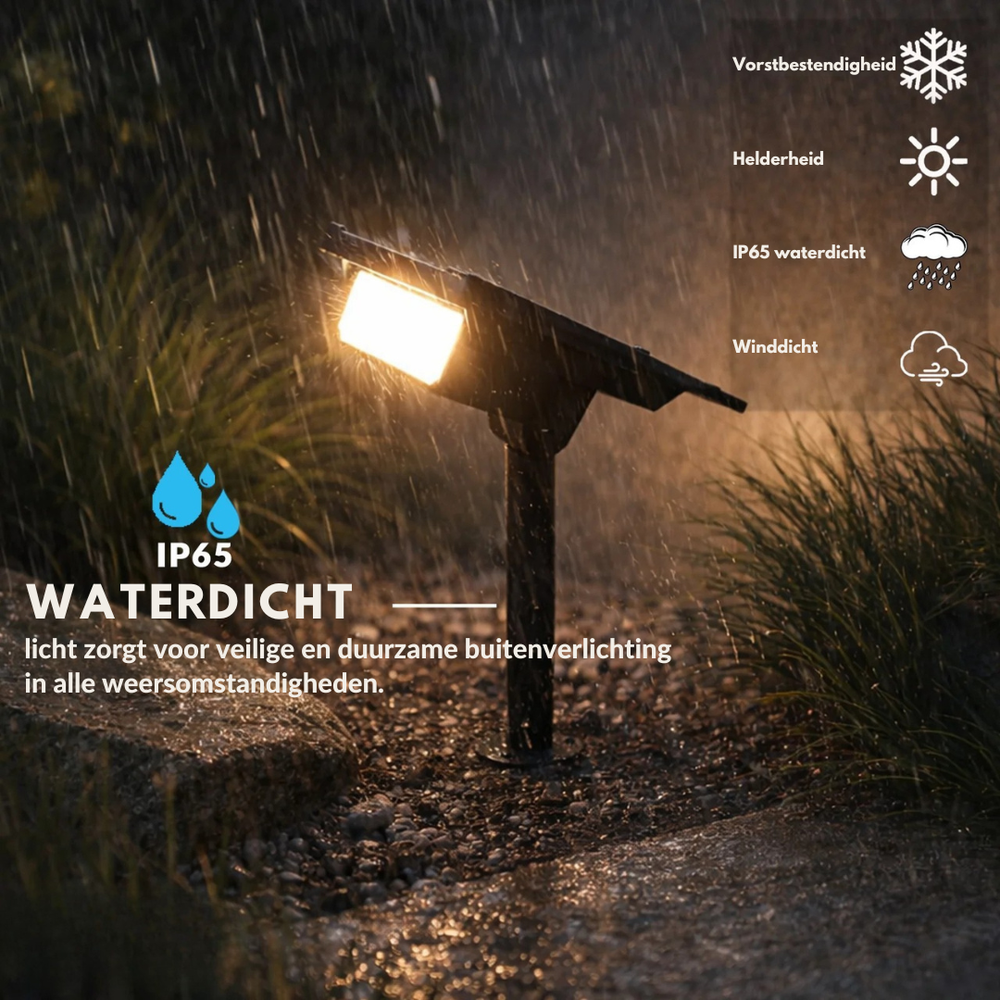 Black spotlight on a ground stake shining warm light in heavy rain, with icons and Dutch text about waterproofing and weather resistance. 2