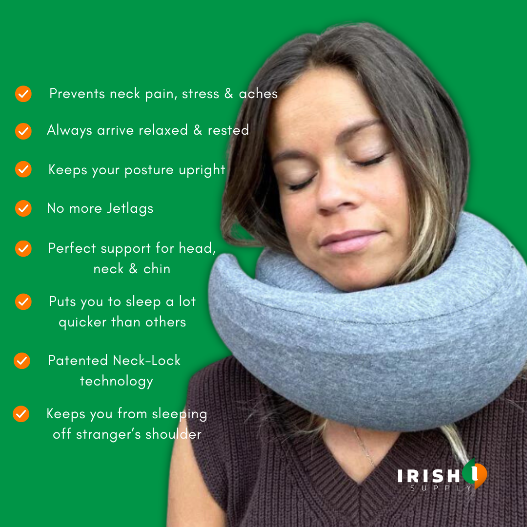 Gray front-support travel neck pillow with teal lining, detail.