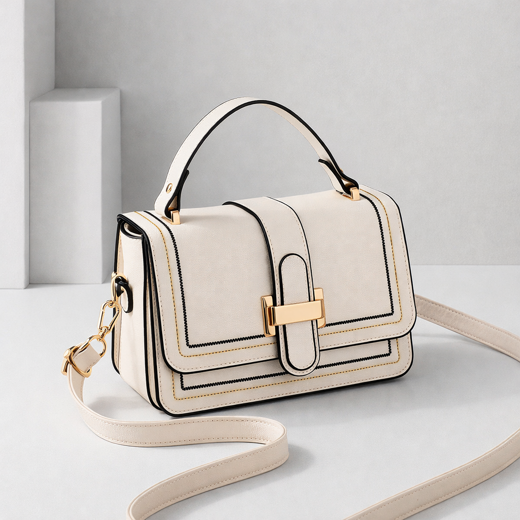 Cream flap bag with gold clasp, top handle and long strap, angled three-quarter view on a pale studio backdrop. 1