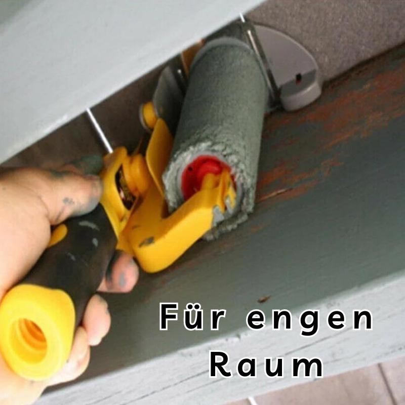Yellow edge painting guide tool another view in a tight space under a gray wooden beam.