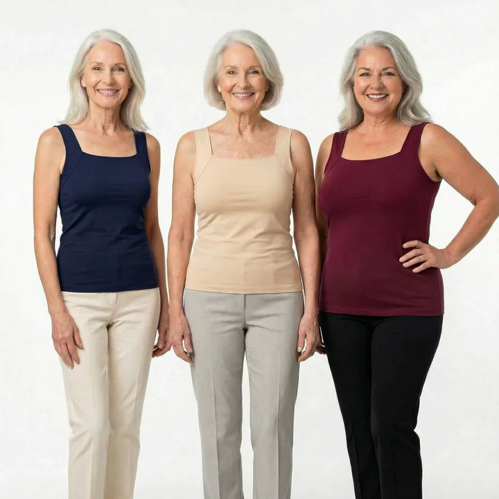 Three smiling women stand side by side wearing the tank in navy, beige and burgundy with light, gray and black pants. 9