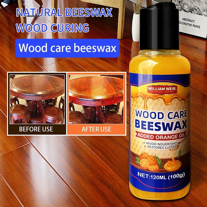 Polish bottle in front of a glossy wood floor, with before and after photos of a round wooden table 3