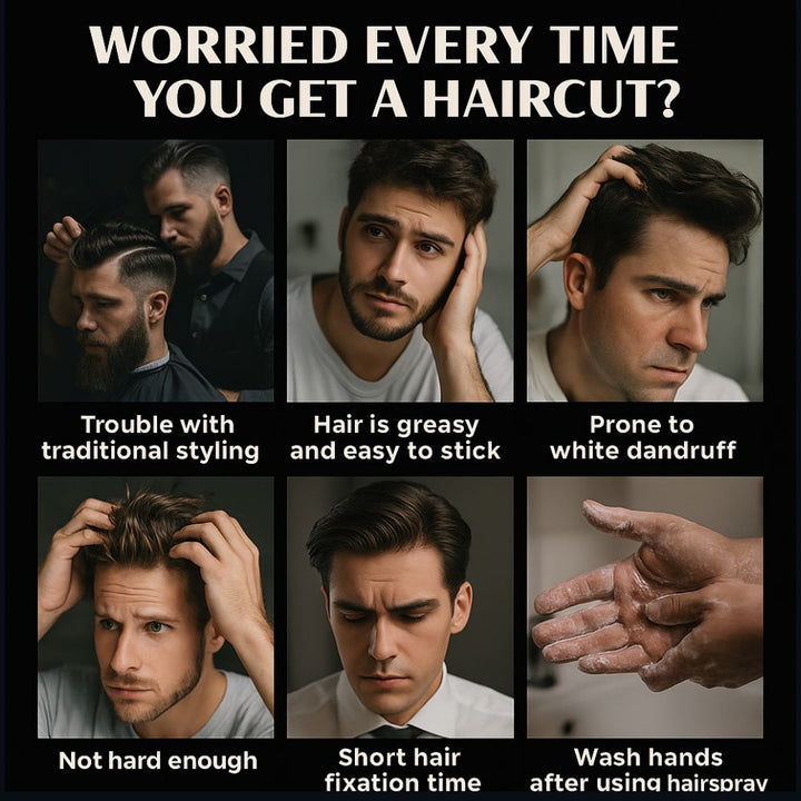 detail of men worried about greasy hair, dandruff, weak hold, and sticky hands after hairspray