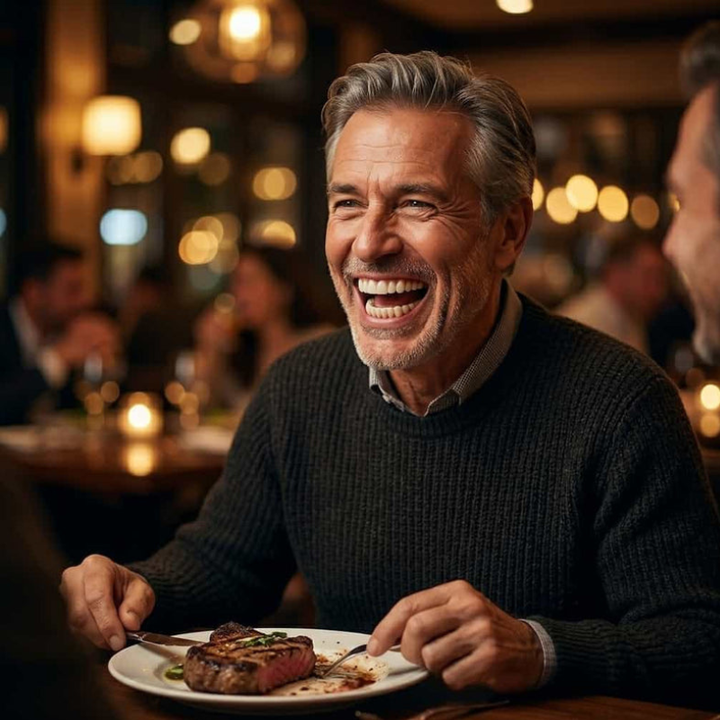 Laughing gray-haired man in a dark sweater at a restaurant table with a grilled steak on a plate in front of him. 5