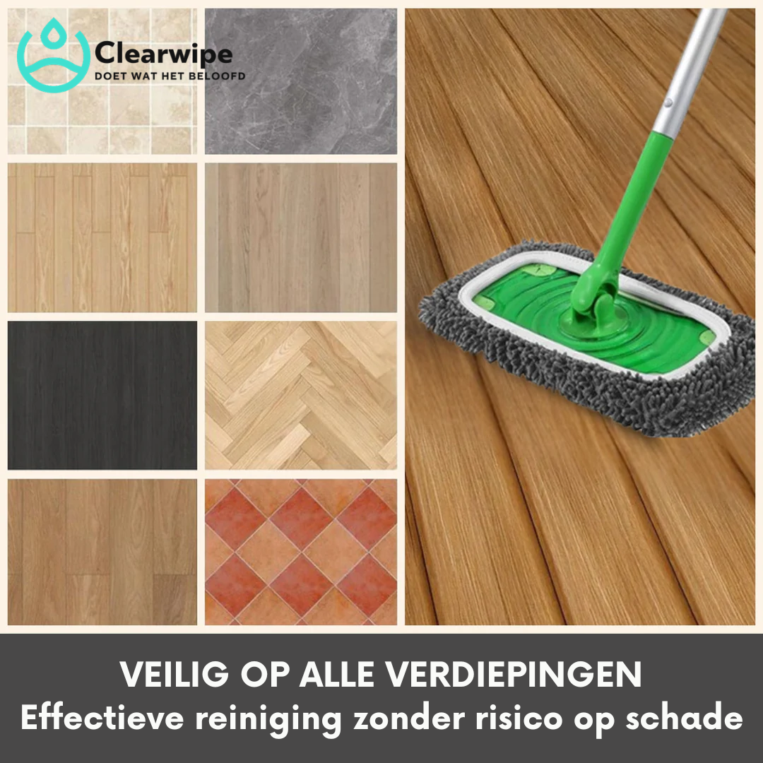 Gray chenille mop on a wood floor beside a grid of sample floor types including tile, stone, parquet and plank wood.