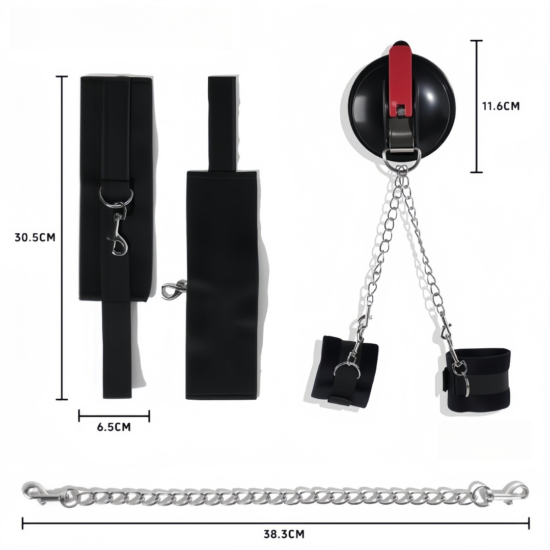Dimension diagram of black padded fabric cuffs with clip rings, shown with the suction mount, chains and measurements. 9