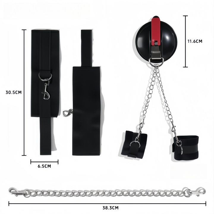 Dimension diagram of black padded fabric cuffs with clip rings, shown with the suction mount, chains and measurements. 9