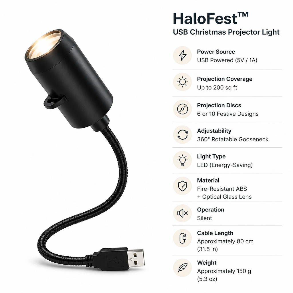 Black projector with flexible gooseneck and USB plug on white, beside a list of its specifications.