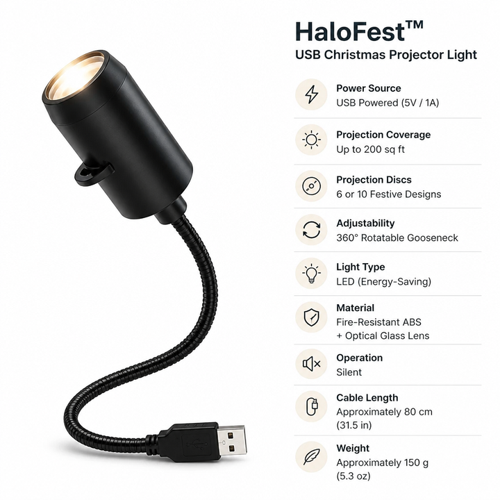 Black projector with flexible gooseneck and USB plug on white, beside a list of its specifications.