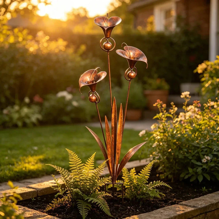 Copper garden stake in warm sunset light, with its small metal ground stand visible among ferns in a stone-edged raised bed. 7